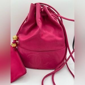Chanel Vintage Fusia Pink Lambskin Hobo Bucket Shoulder Bag With Cc Golden Balls